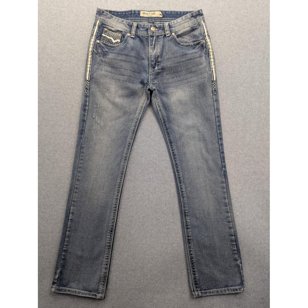 Blue Cult Jeans Mens 32x32 Blue Distressed Straight Leg Embroidered Denim Pants